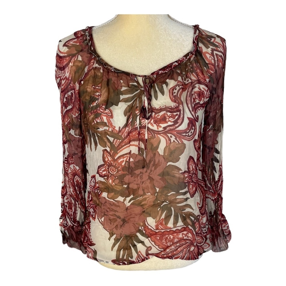 Lucky‎ Brand sheer long sleeve blouse brown orange size XS